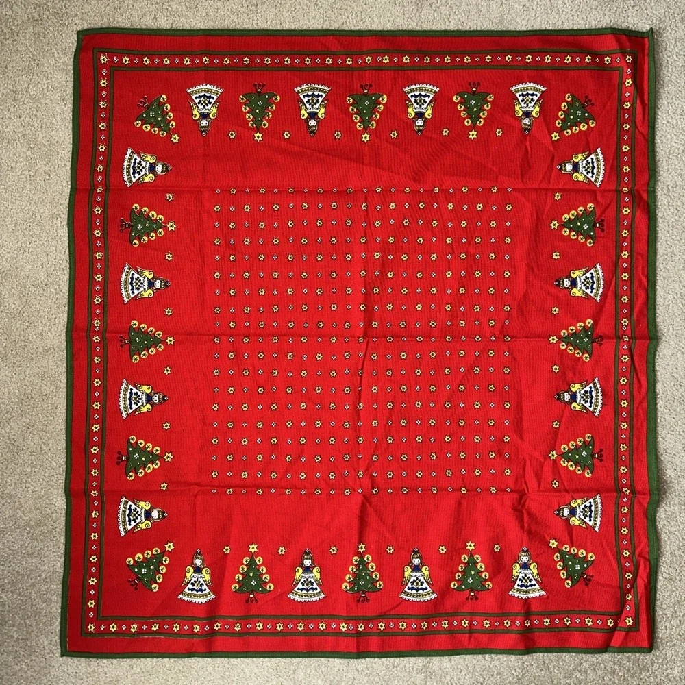 Vintage KOLF Austria Christmas Cotton Angels Trees Small Table Cloth 33x31